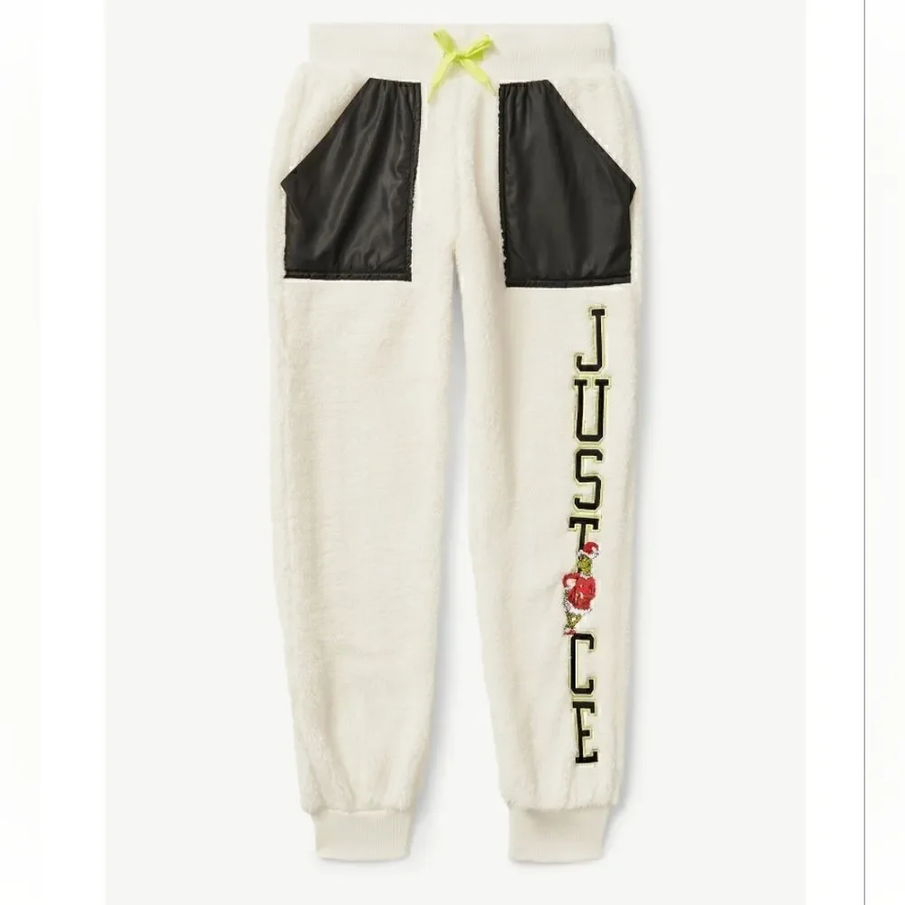 New Girls Justice The Grinch Joggers White Sherpa Christmas